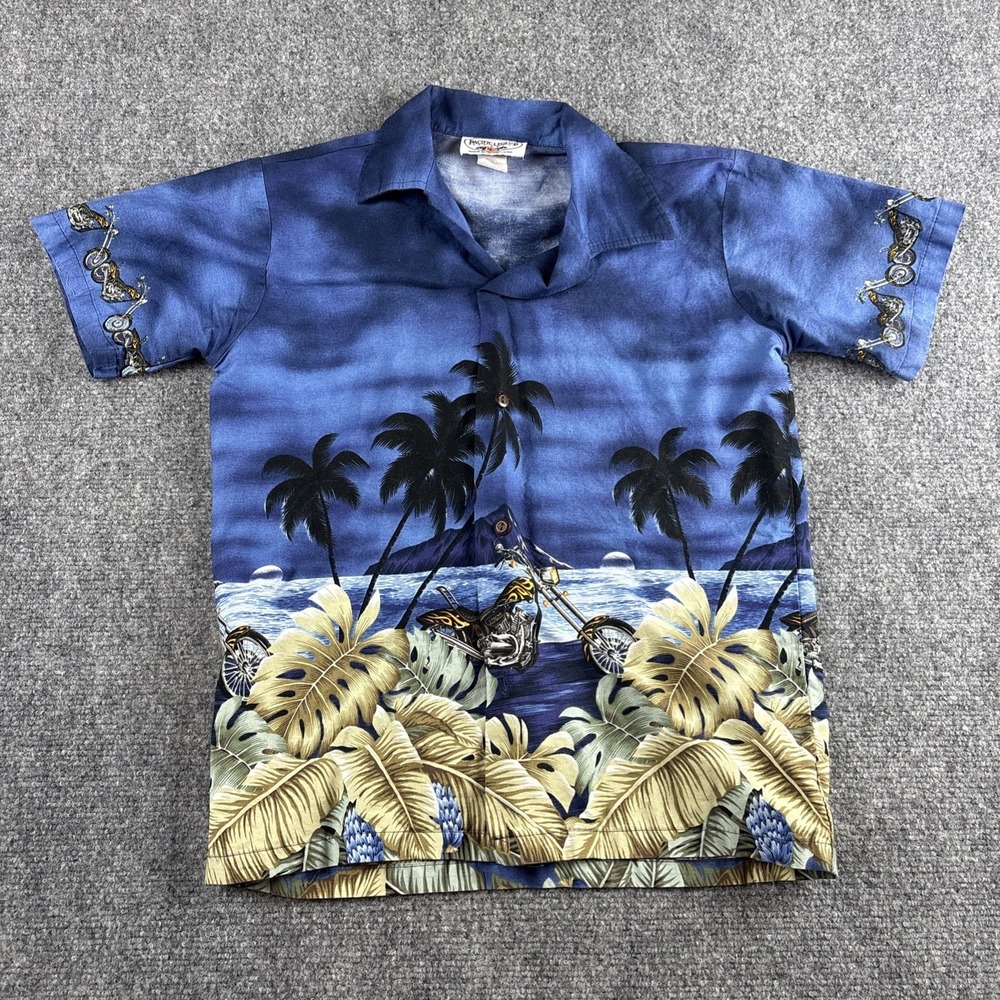 Pacific Legend Kids Boys Large L Motorcycle Hawaiian Sunset Aloha Shirt Blue USA